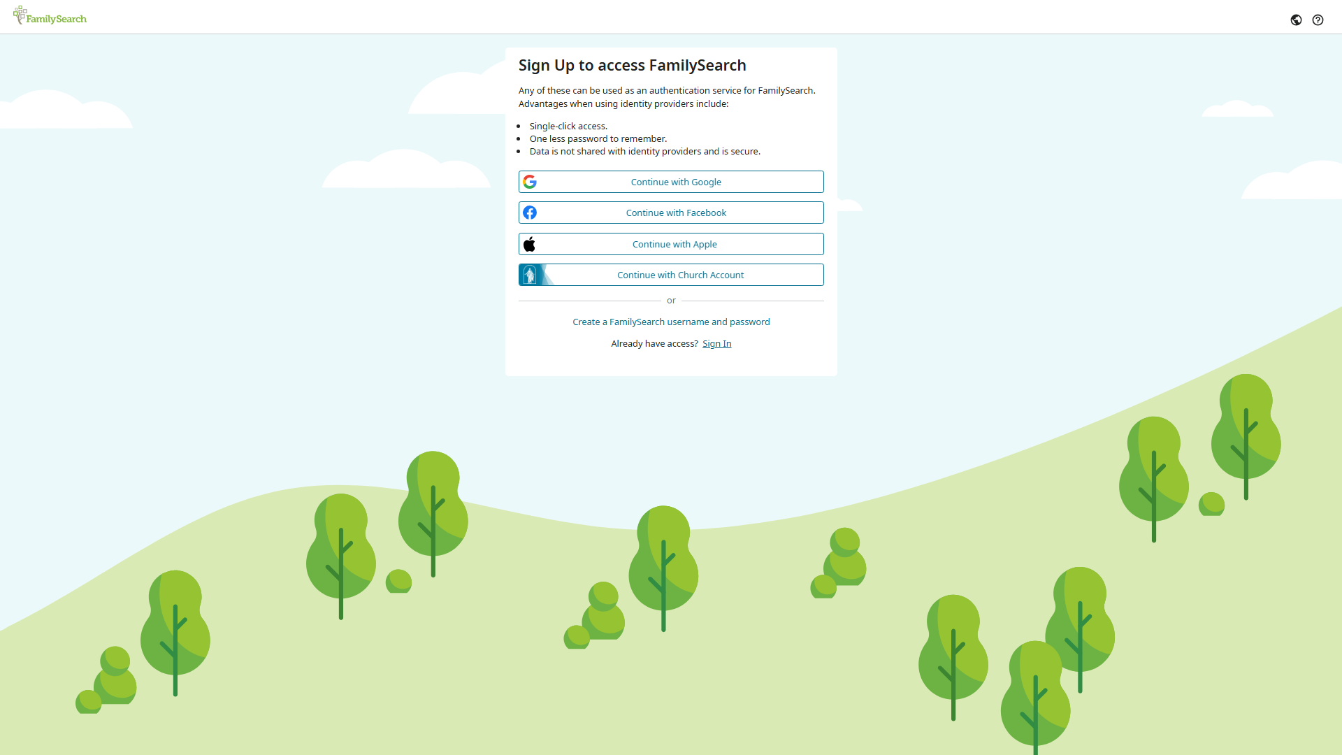 FamilySearch sign-up page