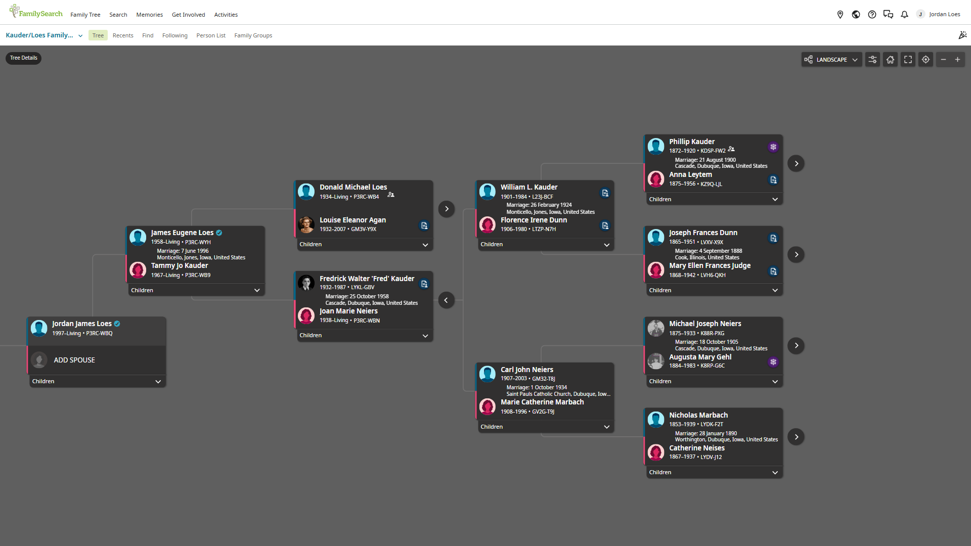 The FamilySearch tree view